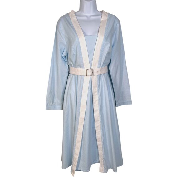 Linen Vibes Midi Linen Dress Long Sleeves Belted French Vintage Sky Blue Med - Picture 2 of 11